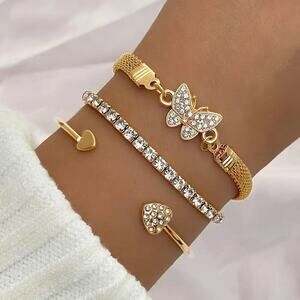 NEW 3pc Gold Bracelet Set – Adjustable Butterfly & Heart Charm Jewelry